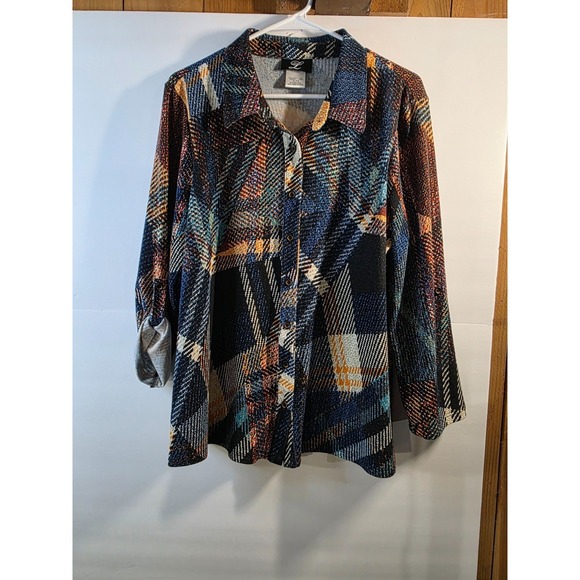 Libra Tops - LIBRA GEO PATCHWORK LONG SLEEVE BUTTON WOMENS SHIRT SZ XL style 24039 0526-22